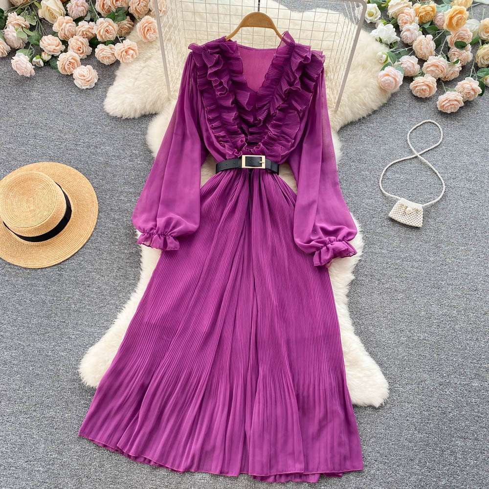 New Casual Summer Solid Slim Full Lady Dress A Line V Neck Chiffon Pullover Mid-Calf High Waist Women Dresses 2023