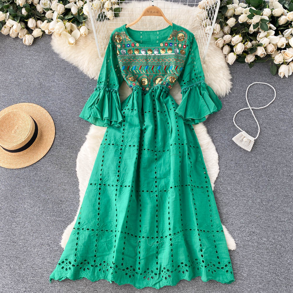 New Beach Casual Dresses Summer Floral Print Slim Full Lady Dress A Line O Neck Chiffon Pullover Mid-Calf High Waist Women Dresses 2023