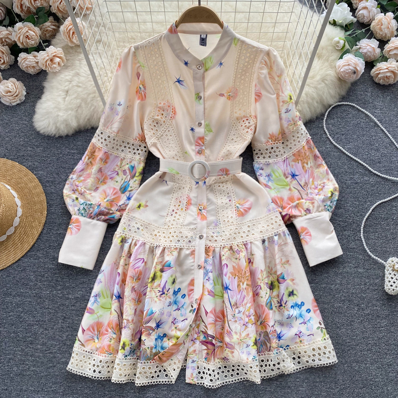 New Casual Dresses Summer Floral Print Slim Button Lady Dress A Line O Neck Chiffon Single Breasted Women Dresses 2023