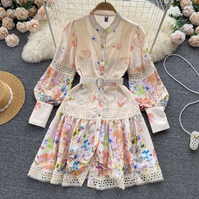 New Casual Dresses Summer Floral Print Slim Button Lady Dress A Line O Neck Chiffon Single Breasted Women Dresses 2023