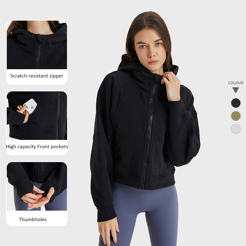Entspannte Passform, geschnittene Sweatshirts Frauen Yoga Tops Fleece Lock Warm Fitness Coat Fashion All-Match Hoodies Overgize Fit Sports Jacke Langarm-Hemden L202