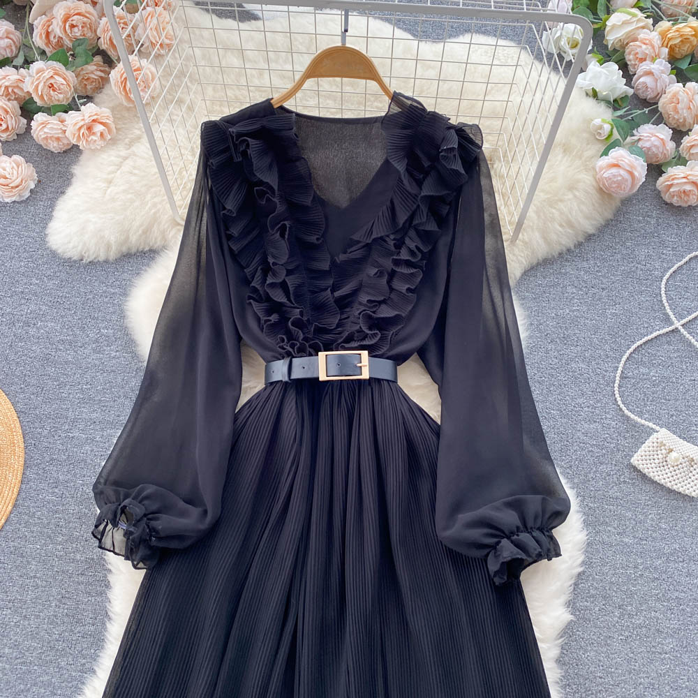 New Casual Summer Solid Slim Full Lady Dress A Line V Neck Chiffon Pullover Mid-Calf High Waist Women Dresses 2023