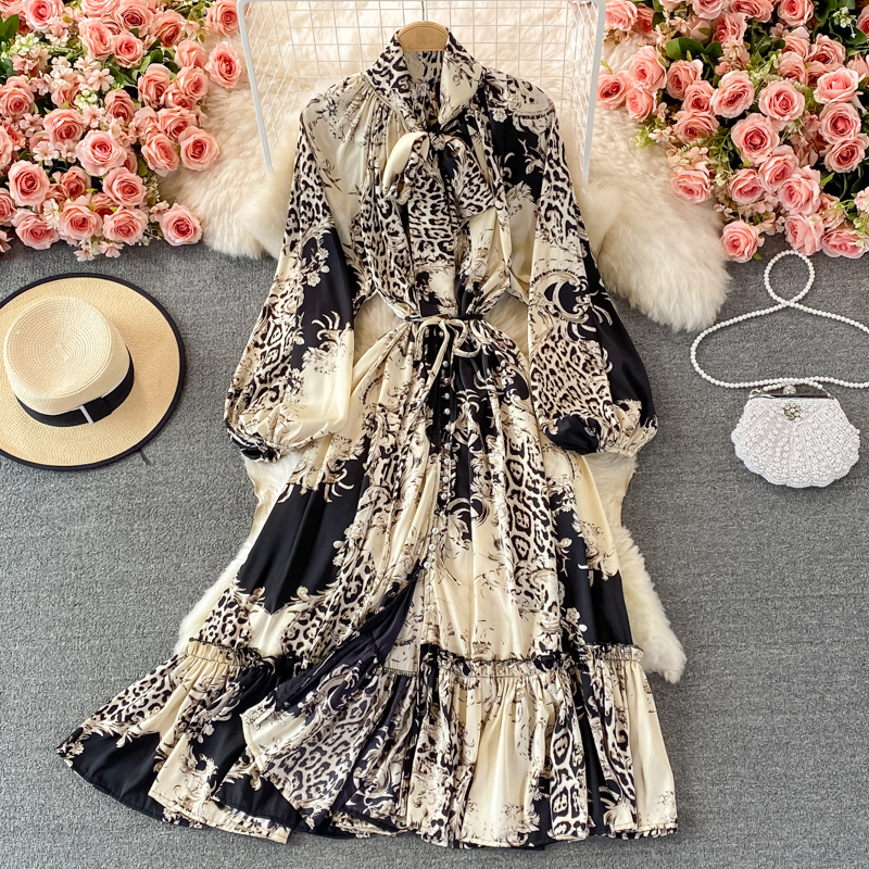 Women Elegant Floral Print Maxi Dress Spring Autumn Bow Collar Puff Sleeve Loose Vintage Vestidos Boho Ruffles Dress Robe 2023