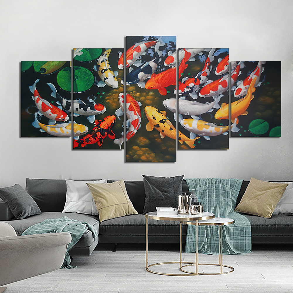 5st Set Goldfish Lotus Canvas Målningsaffischer och utskrifter Koi Fish Feng Shui Wall Art Bild för vardagsrumsheminredning