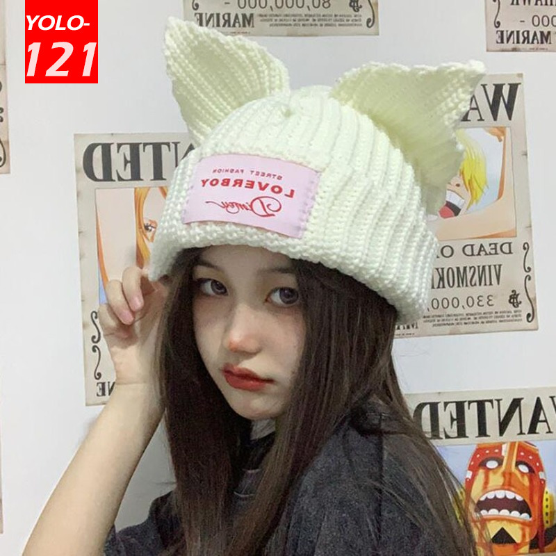 Beanieskull Caps Loverboy Cat Ear Knit Hat Doublelayer Warm Pig Woolen Cute Mode Hooded Cap Niche Design Hiphop Personality Col3284