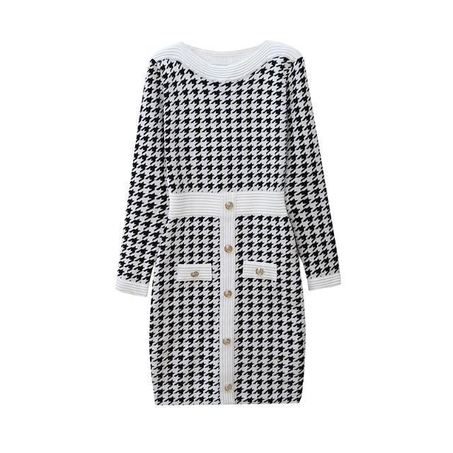 فستان طويل الأكمام للسيدات Houndstooth Grid عالية الخصر بالركبة بطول الركبة BODYCON الخريف Vestidos smlxlxxl