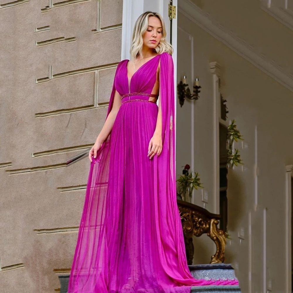 Chiffon V neck Backless Evening Dresses With Long Wrap Pleated A Line Prom Formal Gowns For Women Dubai Arabic Second Reception Dress Robes