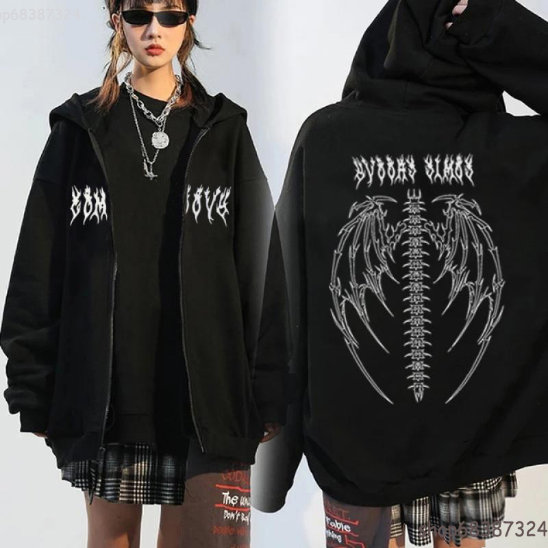 Men's Hoodies Sweatshirts Y2K Streetwear Hoodie Tops Punk Gothic Oversized Skull Wing Evil Flame Unisex Cardigan Zipper Sweatshirt Men Women Jackets Coats 220912