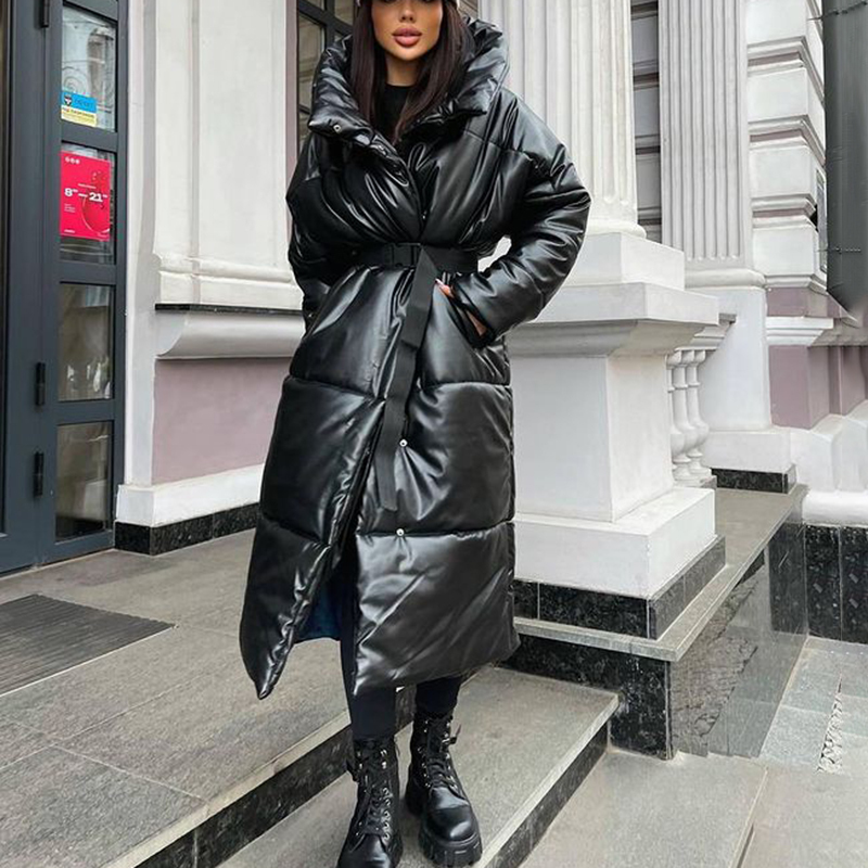 Damskie Parkas CP PU Tie pas Slim Parkas Woman Fashion Winter Hooded Długie płaszcze kobiety Eleganckie solidne sztuczne skórzane bawełniane kurtki żeńskie kobiety 220909