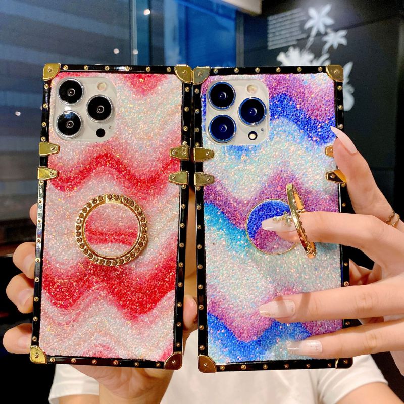 Square glitter Sequin wavy Phone Cases For iPhone 14 14Pro 13 12 11 bracket prevention shells