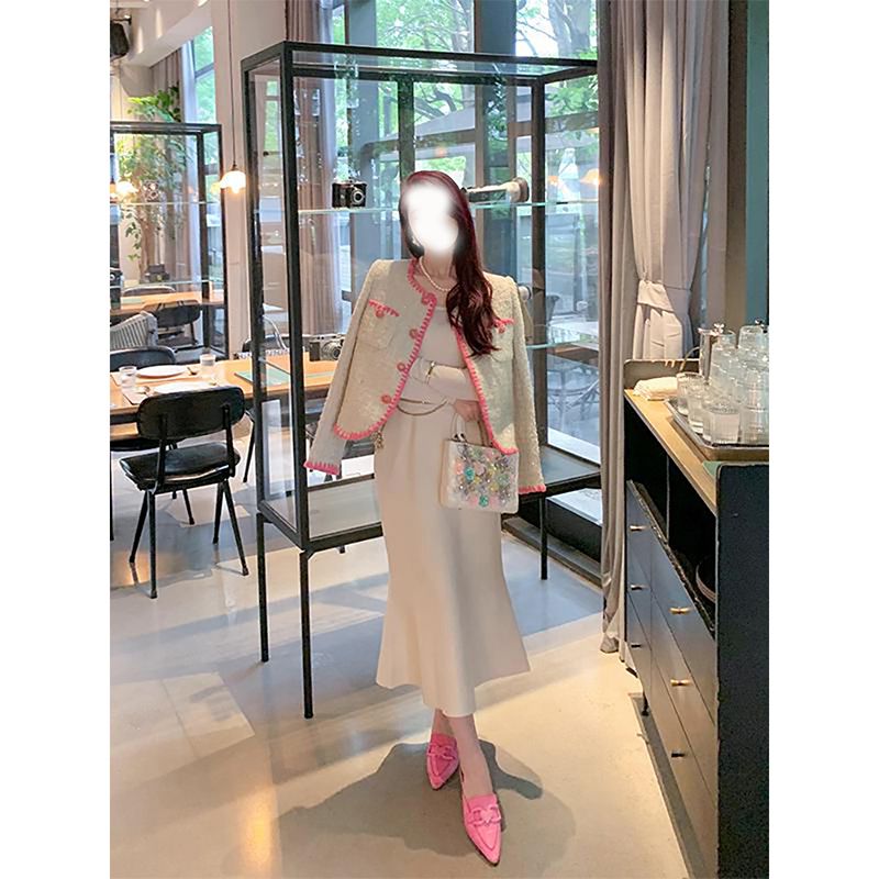 여자 긴 소매 컬러 블록 핑크 재킷 O- 넥 트위드 모직 싱글 가슴 코트 smlxlxxl