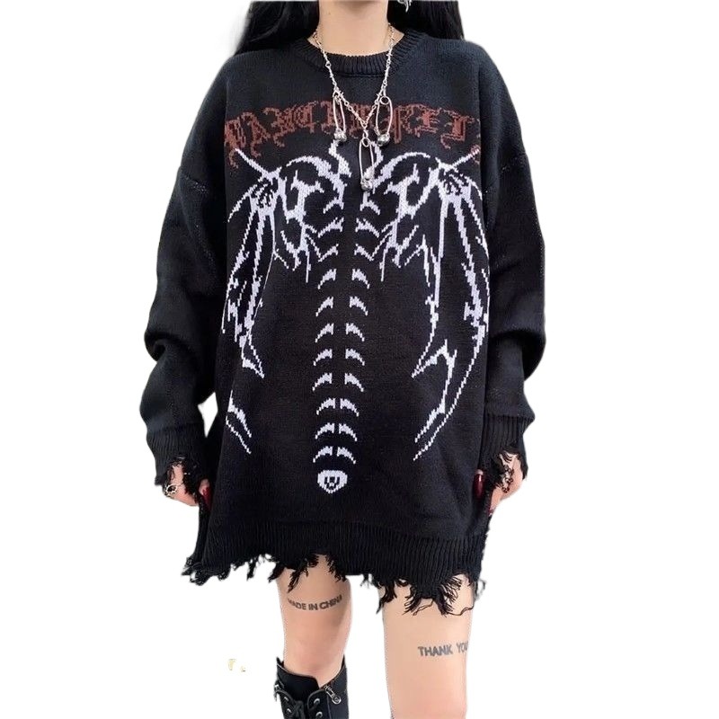 Kobiety swetry ciemny gotycki litera Jacquard duży luźne sweter męski streetwear żeńska modna moda na dzianina modowa