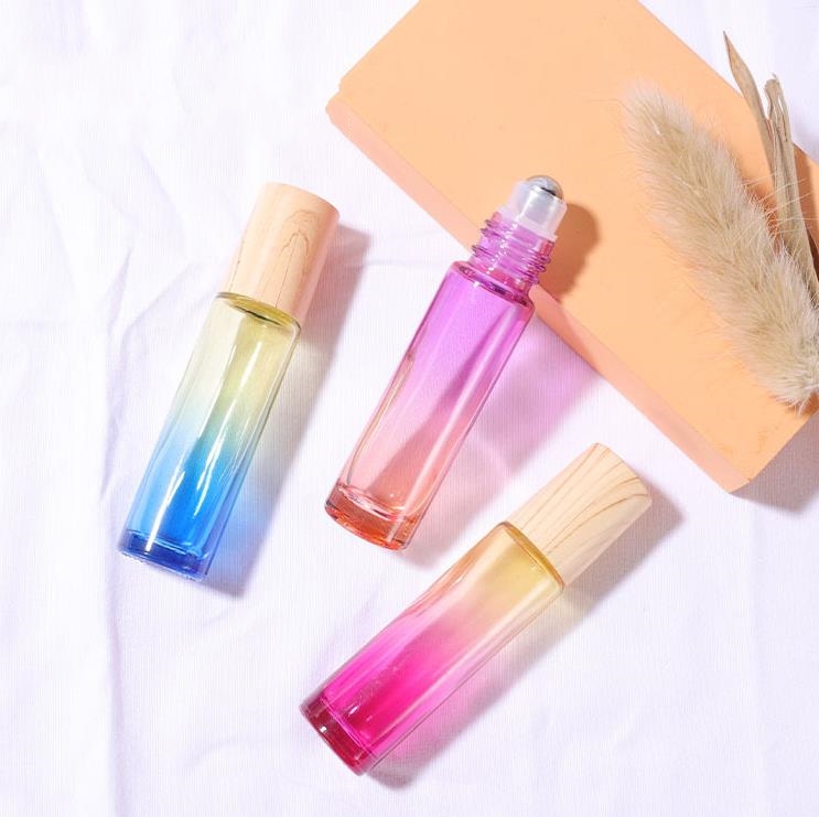 10ml Glass Roll on Bottles Essential Oil Perfume-Bottle Gradient Color Roller-Bottles with Wood Grain Cap Stainless Steel Balls Roll-on Bottle SN4138