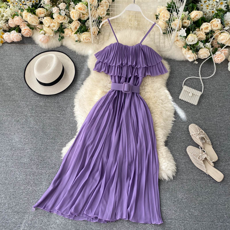 Female Dresses New Summer Sweet Pleats Ruffles Strapless Camisole Sashes Slim Wasit  Women Dress 2023