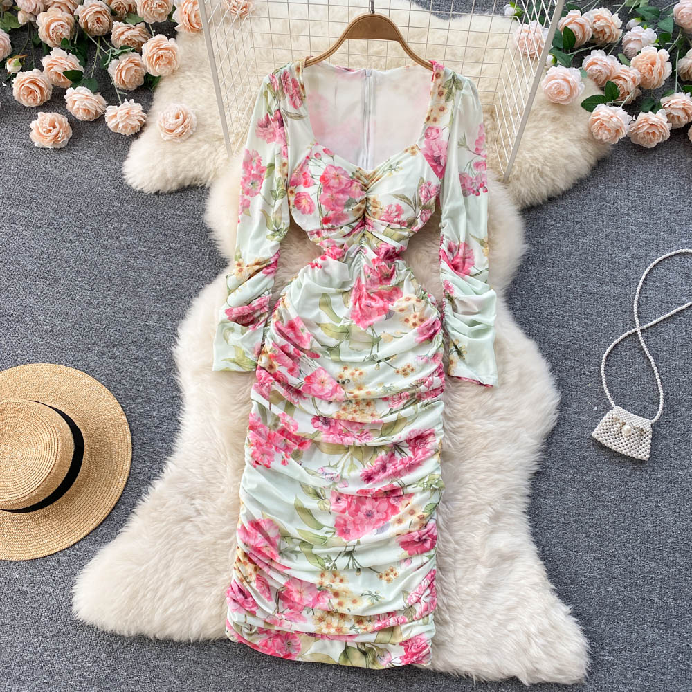 Summer Runway Mesh Ruched Sheath Midi Dress Women Rose Print Square Collar Puff Sleeve Elastic Bodycon Folds Vestidos 2023