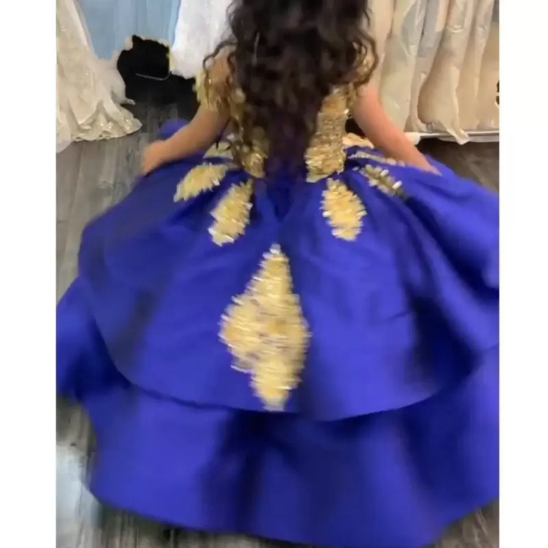 Royal Blue And Gold Girls Graduation Pageant Dresses Ball Gown Lace Crystal Short Sleeve Lace-up First Communion Dress Party Formal