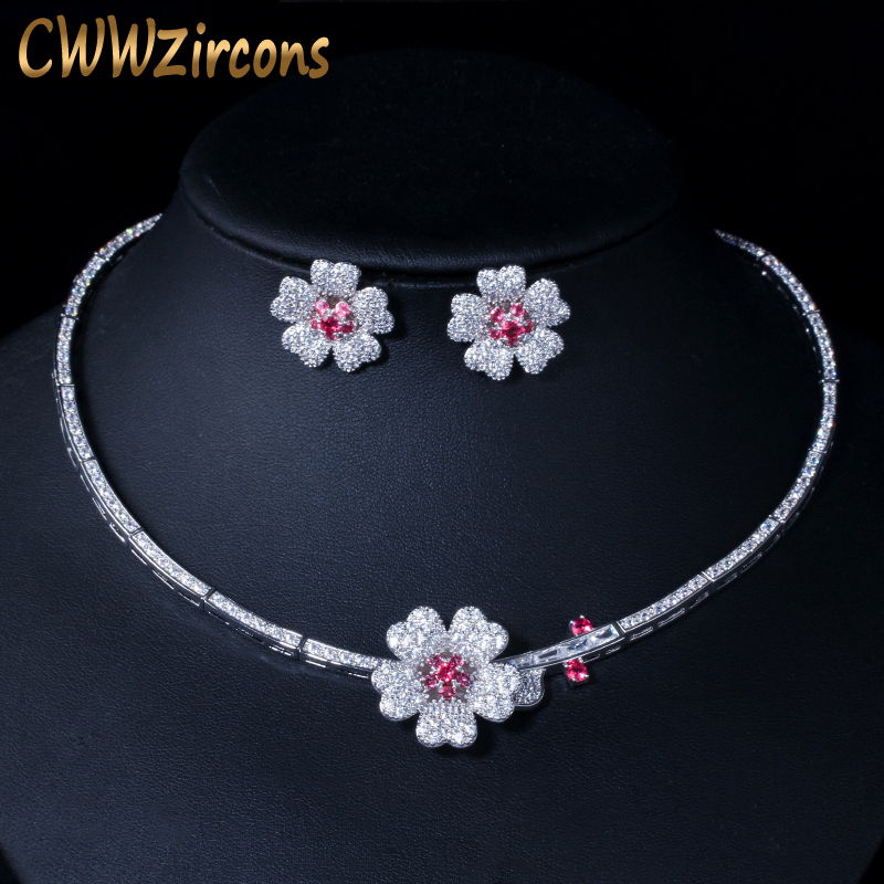 Bijoux de mode S Cwwzircons CZ Crystal Red Rose Flower Women Choker Collier et boucles d'oreilles Jewelry pour les accessoires de robe de mariée ...