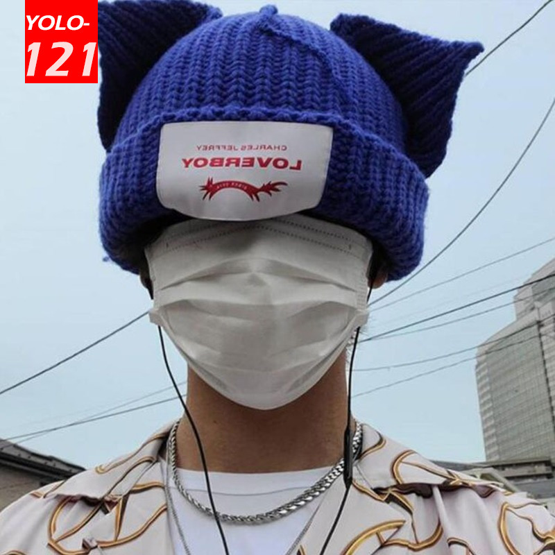 Beanieskull Caps Loverboy Cat Ear Knit Hat Doublelayer Warm Pig Woolen Cute Mode Hooded Cap Niche Design Hiphop Personality Col3284