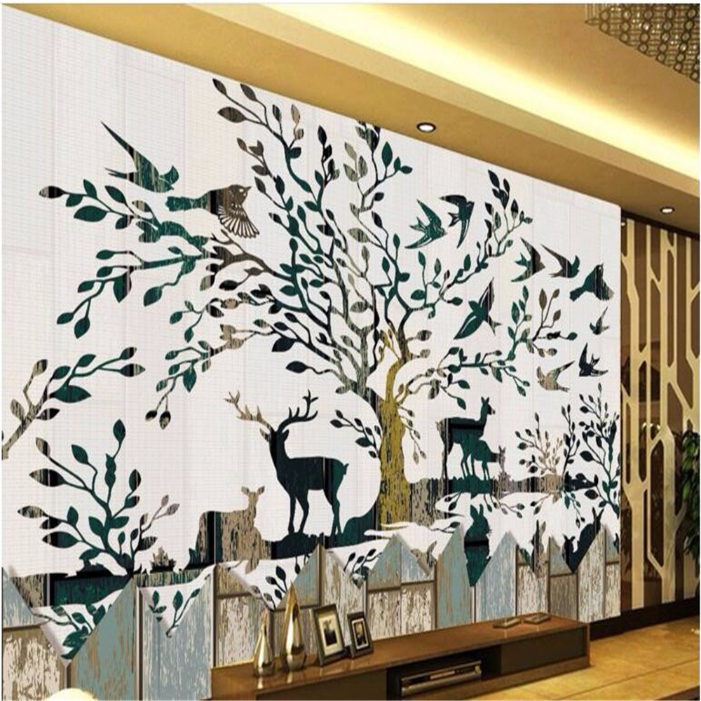 Custom wallpaper forest deer retro wood wall backdrop bedroom 3d wallpaper