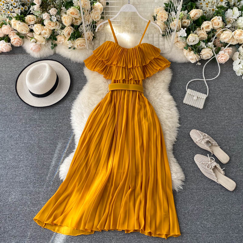 Female Dresses New Summer Sweet Pleats Ruffles Strapless Camisole Sashes Slim Wasit  Women Dress 2023