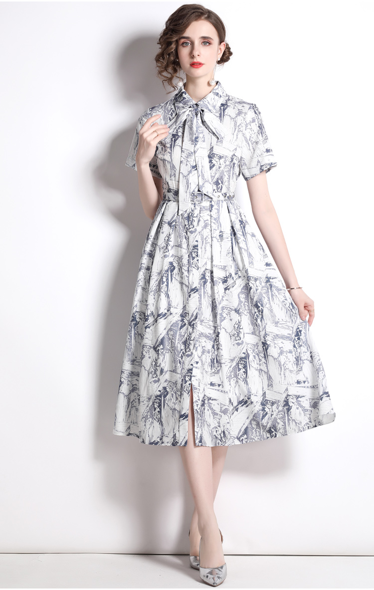 French Retro Printing Shirt Dress Women's Bow Tie Turn Down Neck Short Sleeve Single Breasted Vintage Dress with Belt 2023