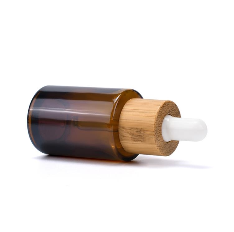 Flat Shoulder Glass Essential Oil Perfume Bottles Transparent Amber Frosted 30ml 1oz Eye Dropper Bottle with Bamboo Cap SN4140