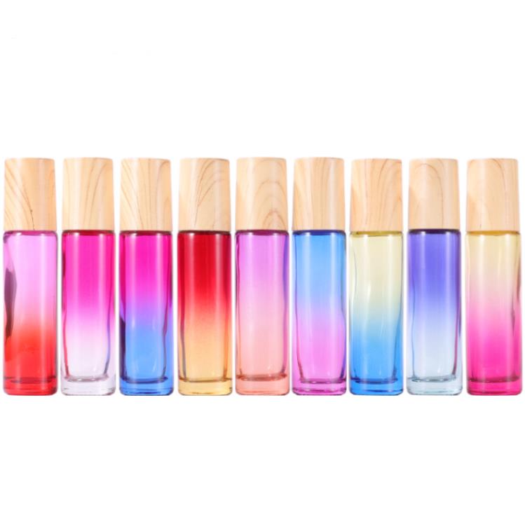 10ml Glass Roll on Bottles Essential Oil Perfume-Bottle Gradient Color Roller-Bottles with Wood Grain Cap Stainless Steel Balls Roll-on Bottle SN4138