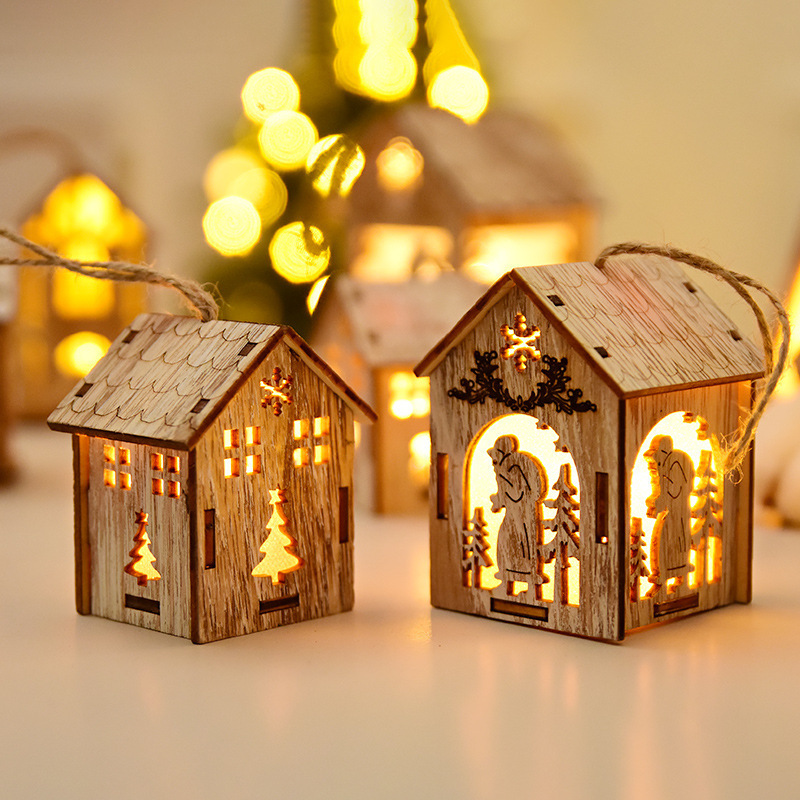 Christmas Decorations Merry LED Light Wooden House Luminous Cabin for Home DIY Xmas Tree Ornaments Kids Gifts Year 220912