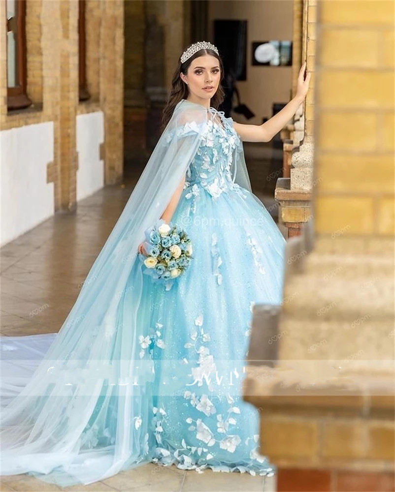 Princess 2023 Sky Blue Quinceanera Dresses Ball Gown With Cape Off The ...