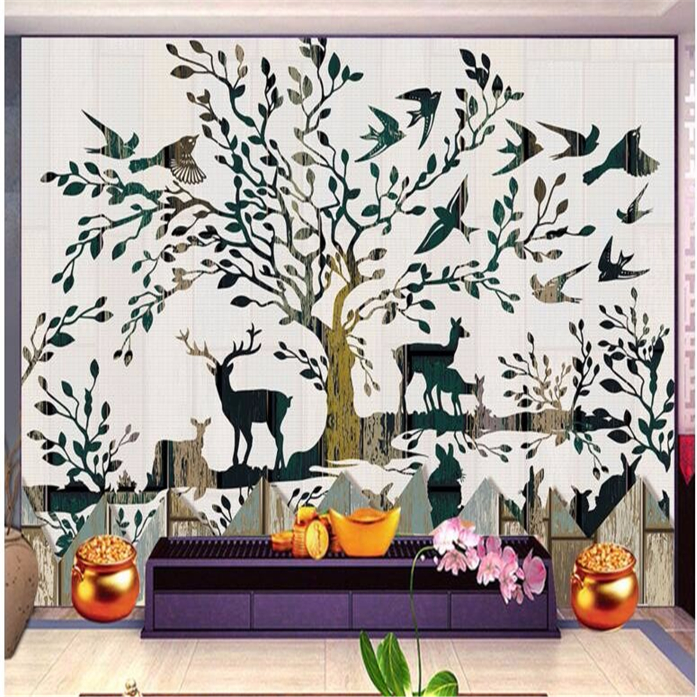 Custom wallpaper forest deer retro wood wall backdrop bedroom 3d wallpaper