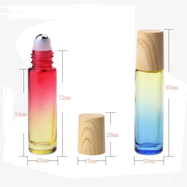 10 ml glazen rol op flessen Essentiële olie parfum-flesgradiënt kleur rollende flessen met houten korrel dop roestvrijstalen ballen roll-on fles SN4138