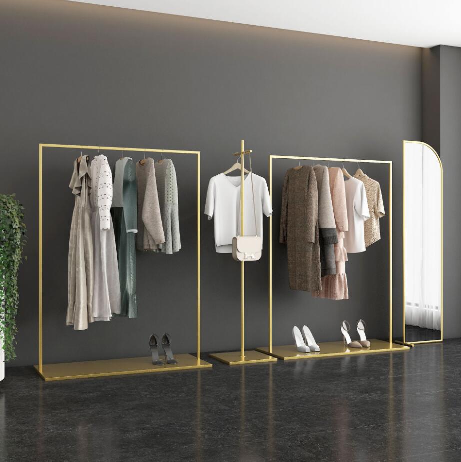 Klädbutik display rack sovrum möbler golv typ järn enkla kläder rack mäns och kvinnor klädhängare guldhylla