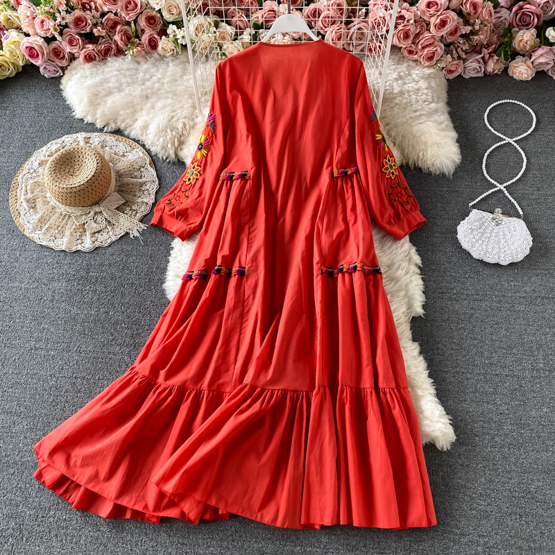 Vintage Chic Women Casual Dresses Floral Embroidery Beach Bohemian Mini Dress Ladies Short Sleeve V-neck Cotton and Linen Boho Dresses Vestido 2023