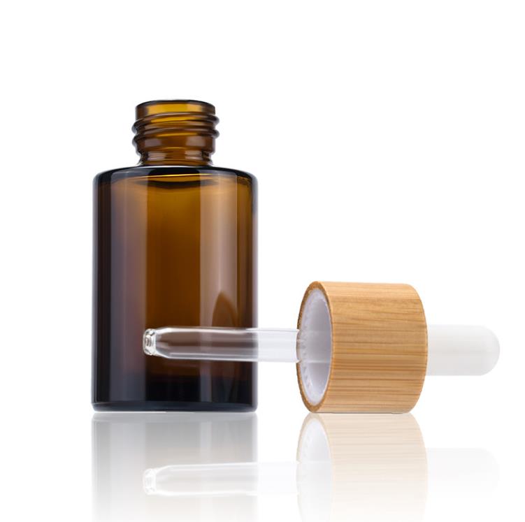 Garrafas de perfume essencial de óleo de vidro de ombro plano Transparente âmbar fosco de 30 ml 1 oz garrafa de conta -gotas com tampa de bambu SN4140