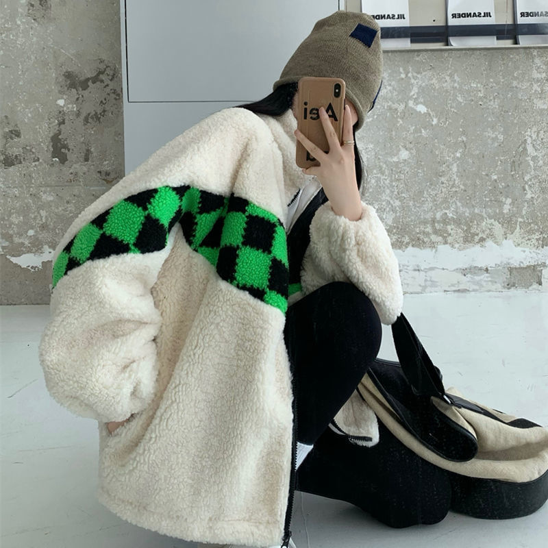 Womens Jackets product color matching checkerboard design jacket thickened warm lamb wool women allmatch brand 220909