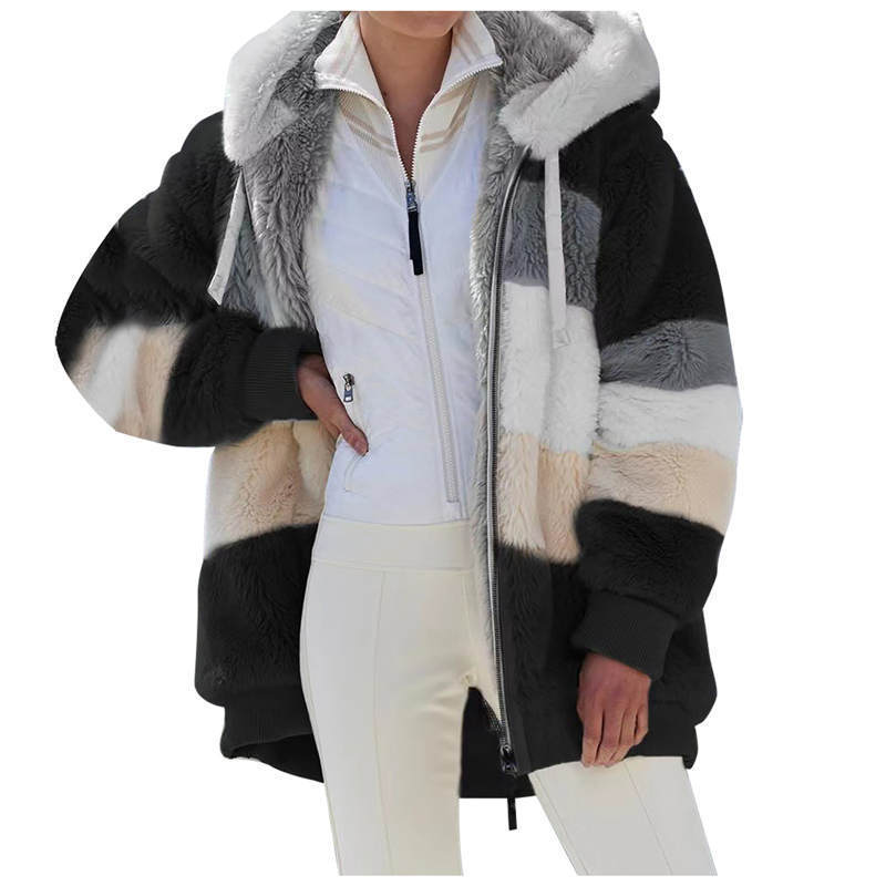 Kvinnors päls faux Autumn Winter Coat Hooded Long Sleeve Cardigan dragkedja fickor Löst lapptäcke randigt mode casual 220912