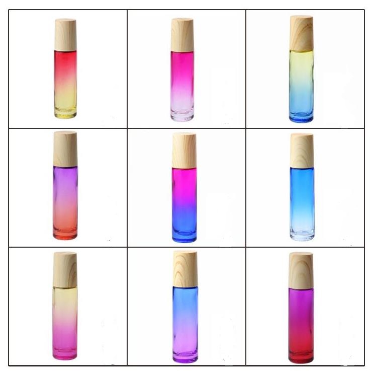 10 ml glasrulle på flaskor Essential Oil Parfym-Bottle Gradient Färg Rollerflaskor med trämassor Rostfritt stål Bollar Roll-On Bottle SN4138