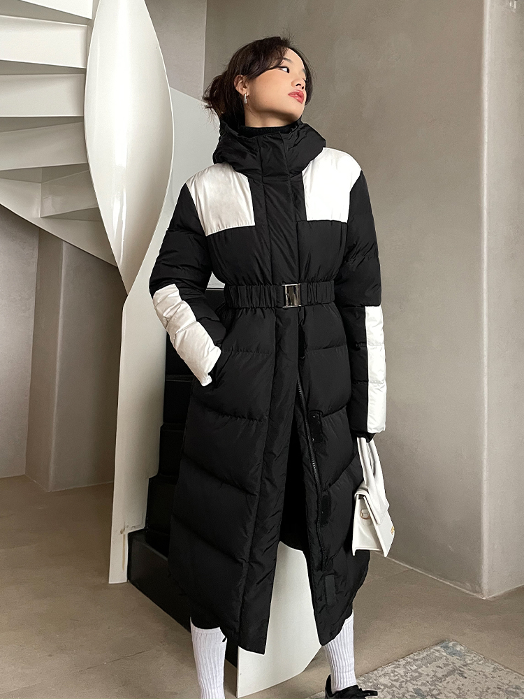 Femmes Down Parkas Veste D'hiver Femmes Lâche Blanc Duvet De Canard Manteau Femme Longue Neige Vestes avec Ceinture À Capuche Patchwork Outwear D187 220912