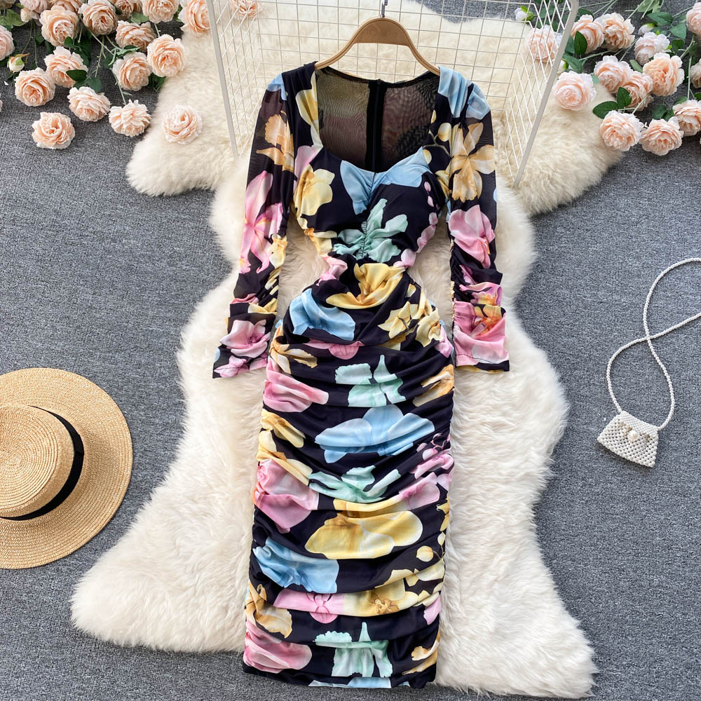 Summer Runway Mesh Ruched Sheath Midi Dress Women Rose Print Square Collar Puff Sleeve Elastic Bodycon Folds Vestidos 2023