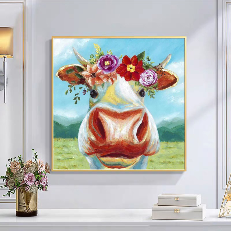 漫画の動物のキャンバスガーランドのポスターとプリントで牛を描くカラフルな花の壁アート写真リビングルームの家の装飾はフレームなし