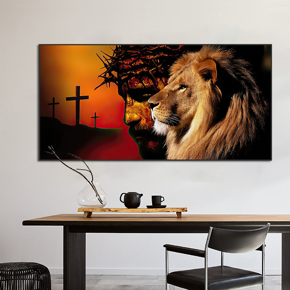 Abstract Wild Lion Canvas Painting With Jesus Nordic Animal Posters And Prints Wall Art Picture For Home Decoration