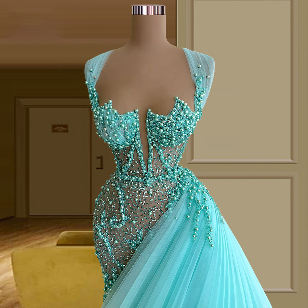 Blue Mermaid Evening Dresses Sleeveless V Neck Appliques Sequins Shiny Sexy Lace Beaded Floor Length Pearls Hollow Celebrity Plus Size Party Gowns Prom Dress