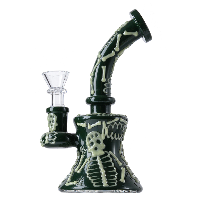 Glöd i Dark Halloween Glass Bongs Hookahs Mini Small Oil Dab Rigs Bägare duschhuvud percolator Eye Handcraft Vattenrör 14mm fog med skål