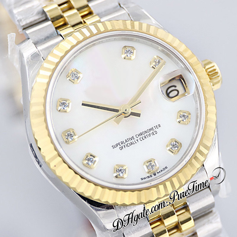 EWF 31mm 278273 ETA A2688 Ladies automáticas assistem dois tons Amarelo Gold Mop Diamond Dial Dial