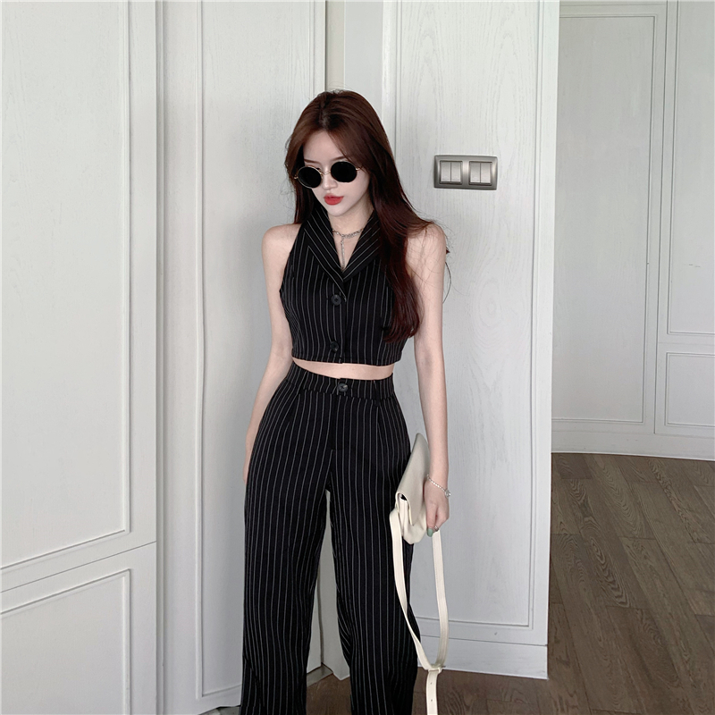 Women's Two Piece Pants Loose Striped Tailored Trousers Wide Leg Pant Suits Lapel Sleeveless Black Blazer Vest Thin Jacket Office Lady Sexy Casual Sets 220913