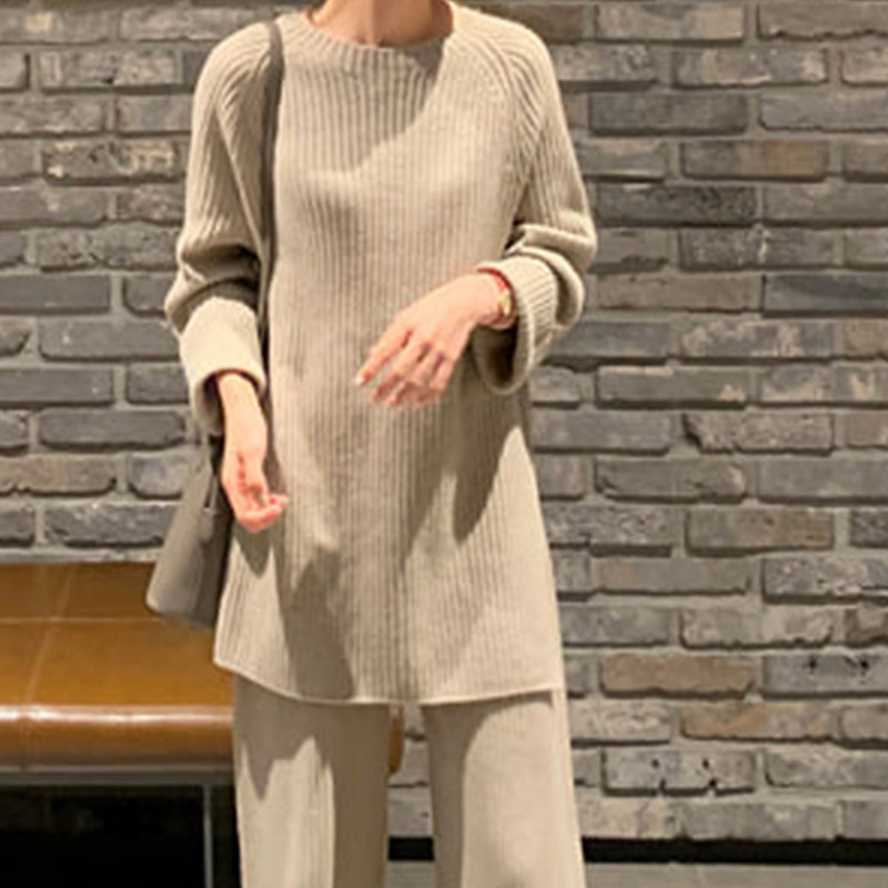 Women's Two Piece Pants HMA Fashion Winter Women's Thicken Warm Knitted Pullover Sweater Two-Piece Suits High Waist Loose Wide Leg Pants Set 220913