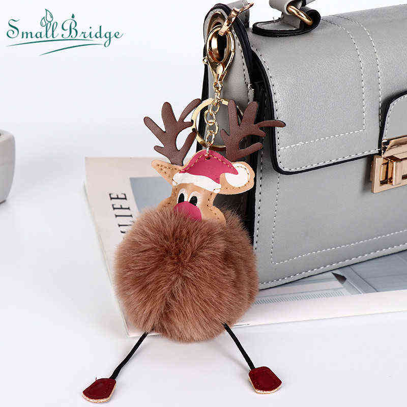 Keychains Fashion Christmas Reindeer Plush Keychains For Women Bag Decoration Car Key Ring Charm Rabbit Hair Pompom Pendant Festive Gifts T220909