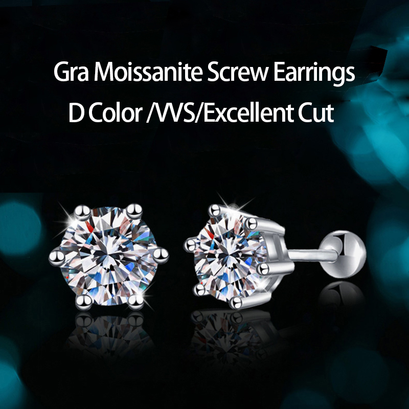 Fine Jewelry Stud Trendy 925 Sterling Silver 0.3 1 Carat D Color Stud for Women 6 Prong Gra Moissanite Earrings Screw Back