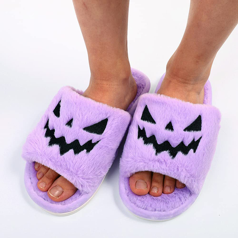 Pantoufles Violet Halloween Fuzzy House Pantoufles Jack O Lantern Citrouille Chaussures Drôle Kawaii Pantoufles pour Filles Claquette Femme 220913