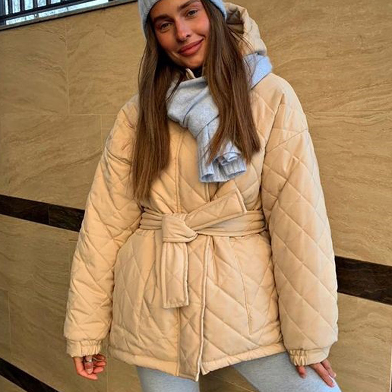 Women's Down Parkas CPカジュアルルーズフード付きファッションソリッドシックショートコートエレガントなネクタイベルトコットンジャケット女性女性220913